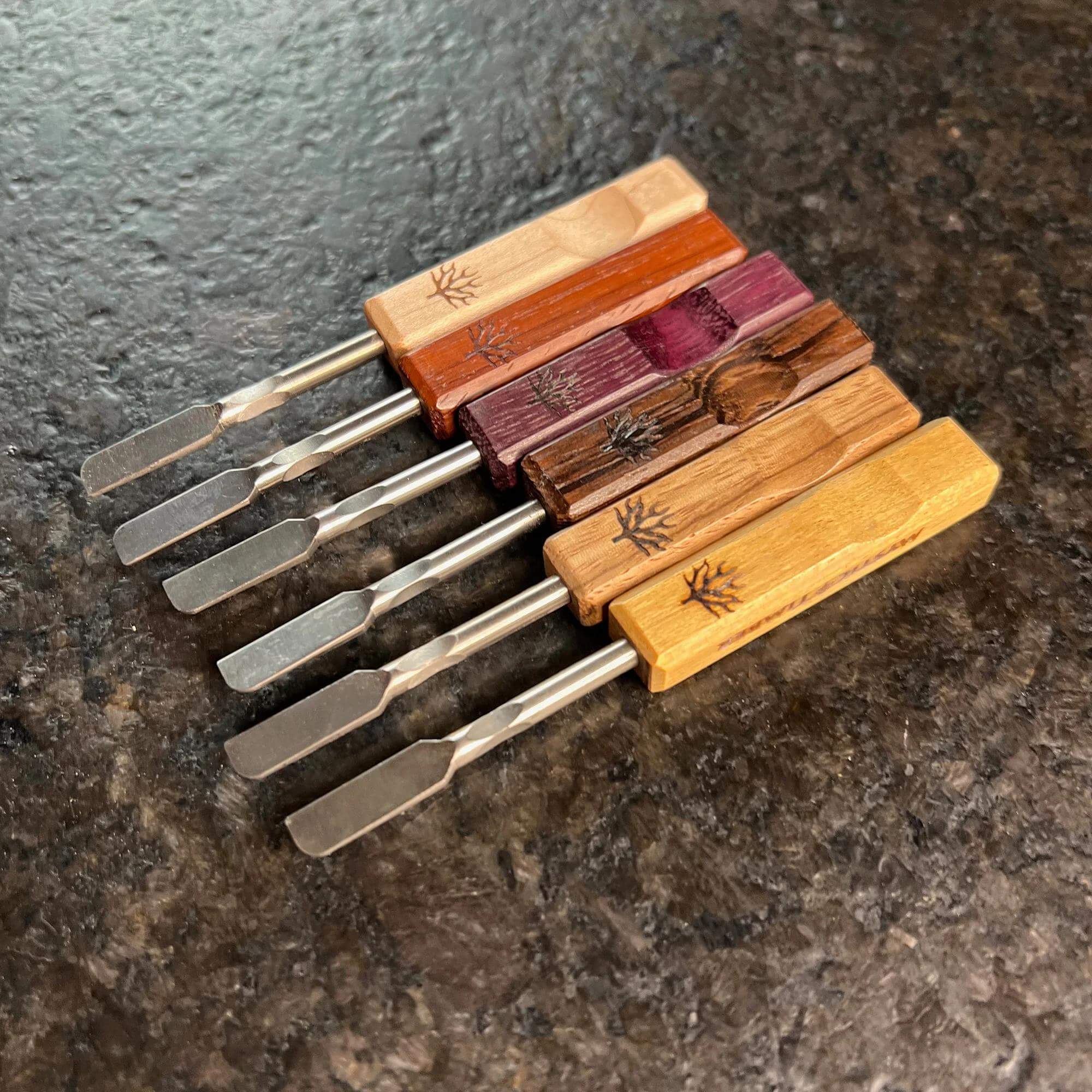 Mystic Timber Dab Tool - Pocket Blade variety set showcasing premium hardwood handles and titanium blades.