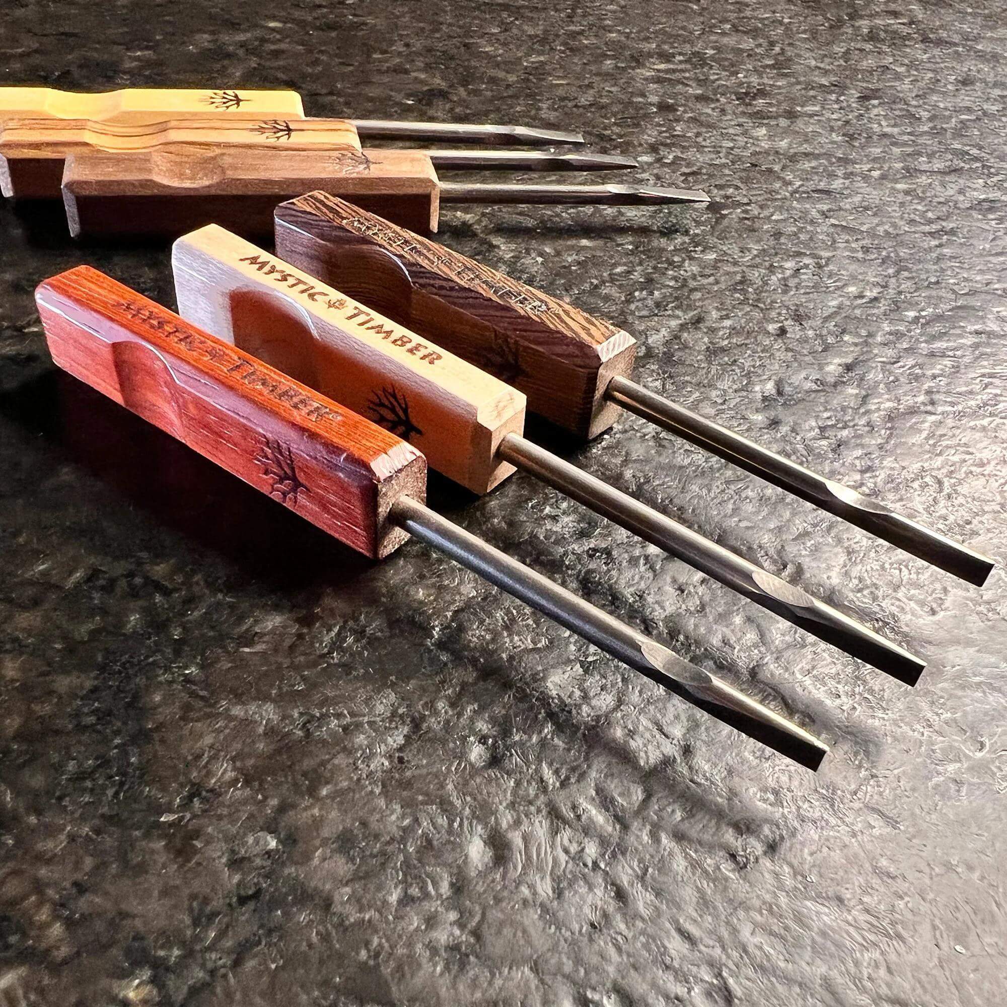 Mystic Timber Dab Tool - Pocket Flat Shovel set showcasing premium hardwood handles and G2 titanium tips.