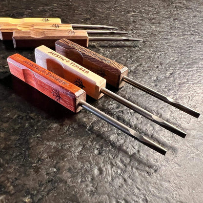 Mystic Timber Dab Tool - Pocket Flat Shovel set showcasing premium hardwood handles and G2 titanium tips.