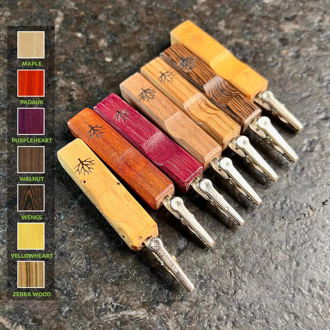 Variety of Mystic Timber Pocket Roach dabbers including Maple, Padauk, Purpleheart, Walnut, Wenge, Yellowheart, and Zebra Wood.