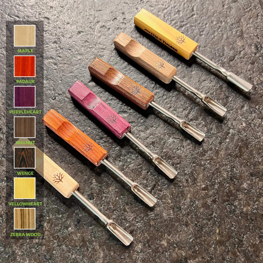 Mystic Timber Dab Tool - Pocket Scoop, featuring multiple wood types including Maple, Padauk, and Purpleheart.
