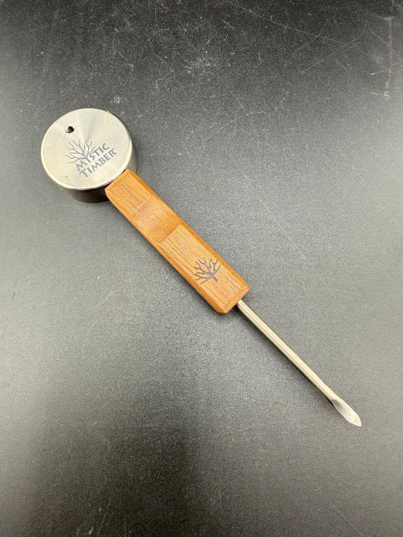 Mystic Timber Titanium Puck Carb Cap & Pick with wooden handle and engraved logo