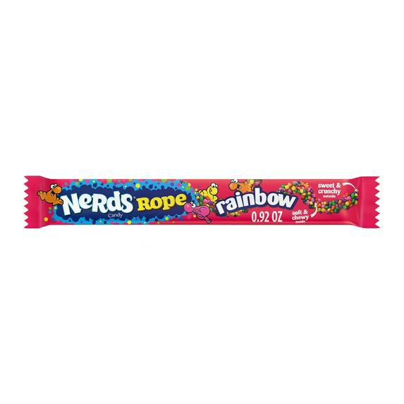 Nerds Rope candy packaging featuring colorful chewy gummy rope and crunchy Nerds coating, 0.92 oz.