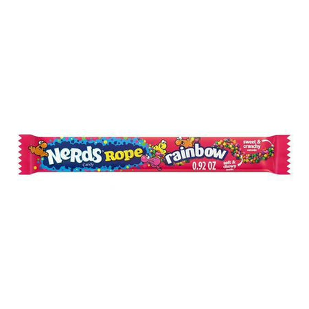 Nerds Rope candy packaging featuring colorful chewy gummy rope and crunchy Nerds coating, 0.92 oz.
