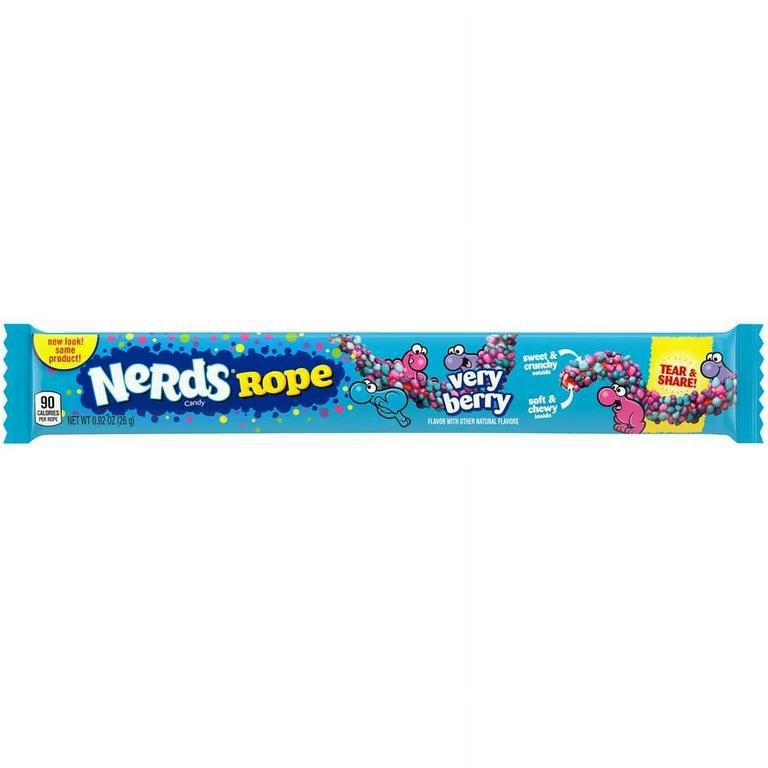 Nerds Rope Very Berry flavor packaging featuring blue colors and colorful Nerds candy on a chewy gummy rope.
