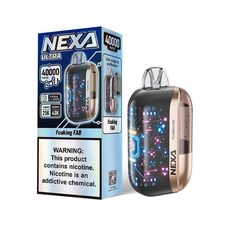 Nexa Ultra 50K Disposable vape with colorful design and warning label, offering 40000 puffs and nicotine content.