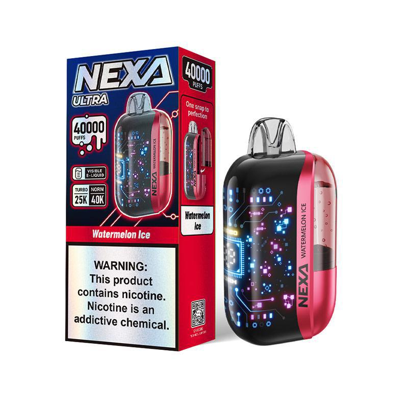 Nexa Ultra 40K Disposable vape, Watermelon Ice flavor, featuring sleek design and nicotine warning label.