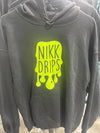 Nikk Drips Hoodie with Vinyl Logo featuring a vibrant green graphic on a black hoodie.