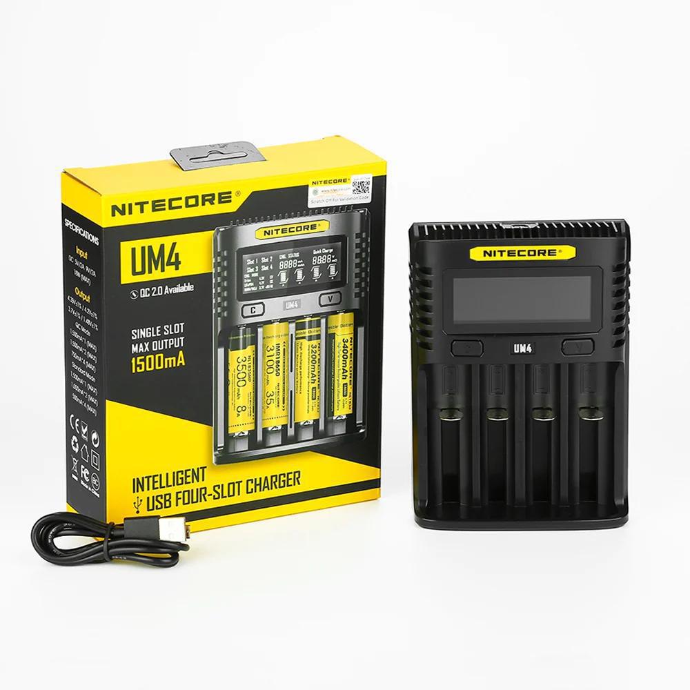 Nitecore UM4 4-Slot Battery Charger with packaging and cables, featuring intelligent USB charging capabilities.