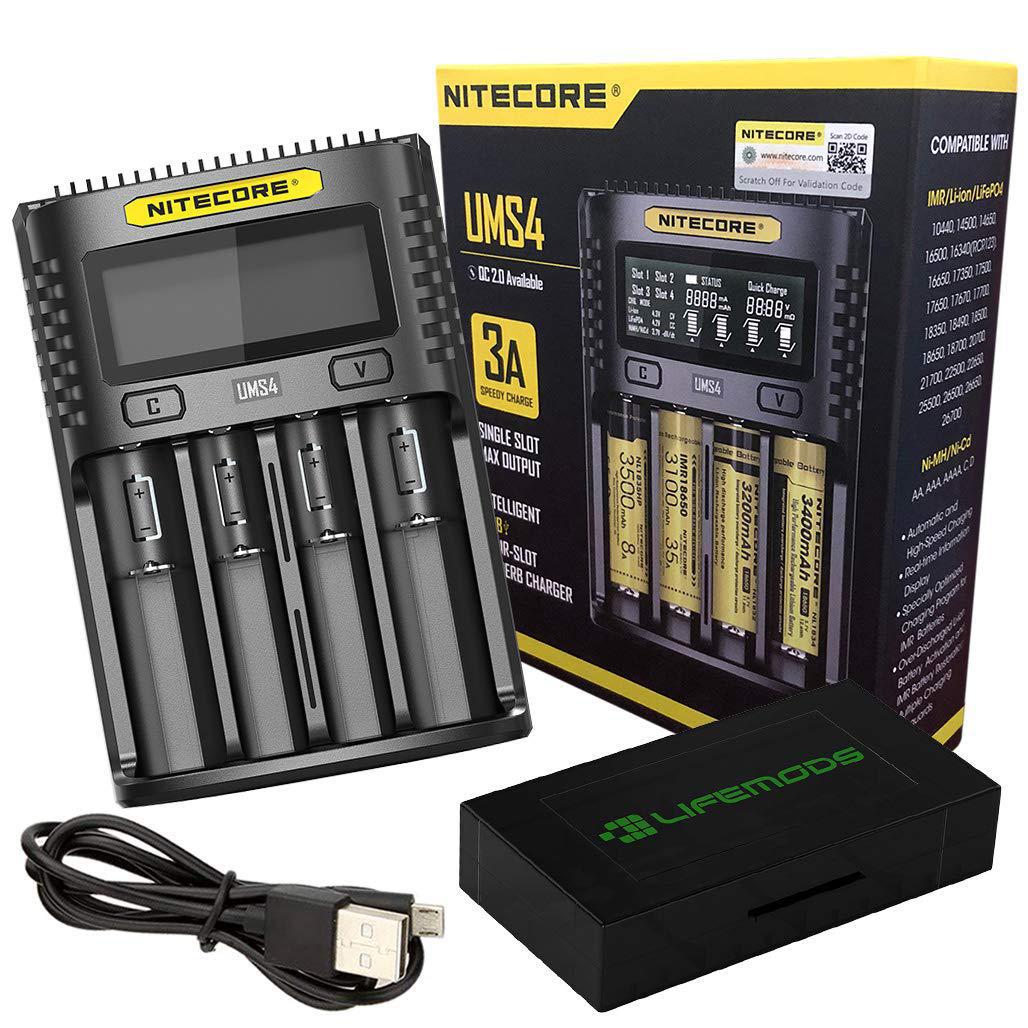 Nitecore UMS4 4-Slot Battery Charger with display, USB cable, and packaging for versatile battery charging.