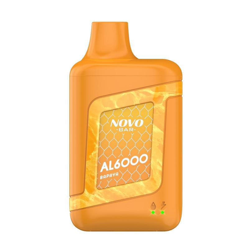 Novo Bar AL6000 Disposable vape in papaya flavor, featuring sleek design, 13mL e-liquid, and 5% nicotine.