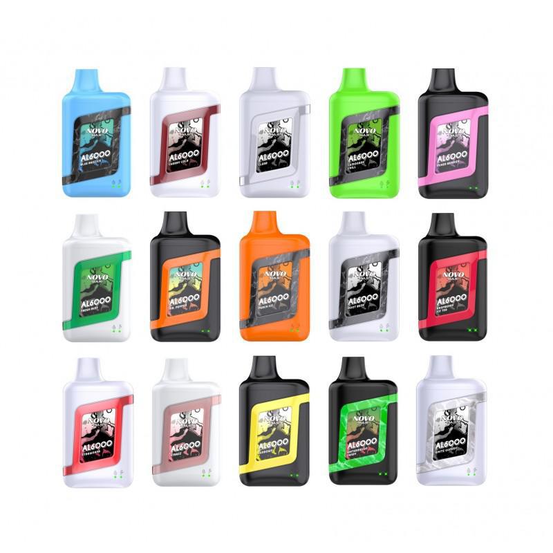 Collection of Novo Bar AL6000 Disposable Vapes in various colors and flavors for ultimate vaping experience.
