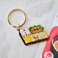 Occasionalish Keychain - Bento Box featuring a cute cat design with fried pork cutlet, tempura shrimp, and veggies.