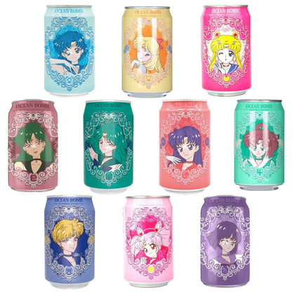 Ocean Bomb Sailor Moon Carbonated Water cans featuring vibrant anime character artwork.