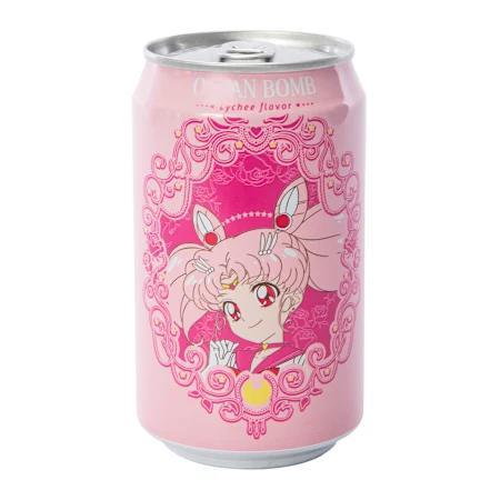 Ocean Bomb Sailor Moon Carbonated Water featuring a pink can with Sailor Moon artwork.