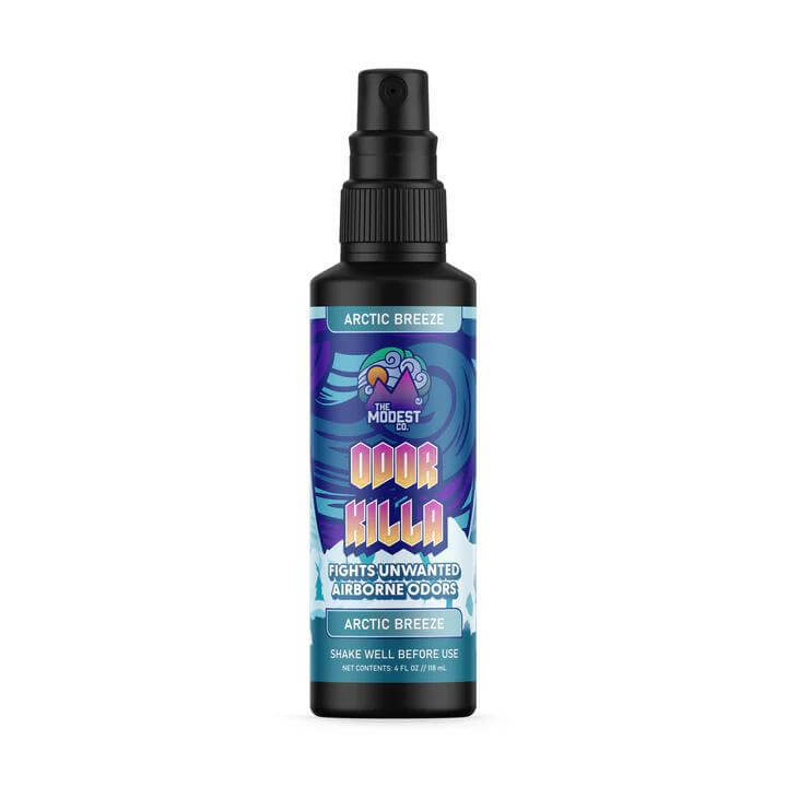 Odor Killa 4oz spray bottle for eliminating airborne odors, featuring Arctic Breeze scent, compact and convenient for home or travel.