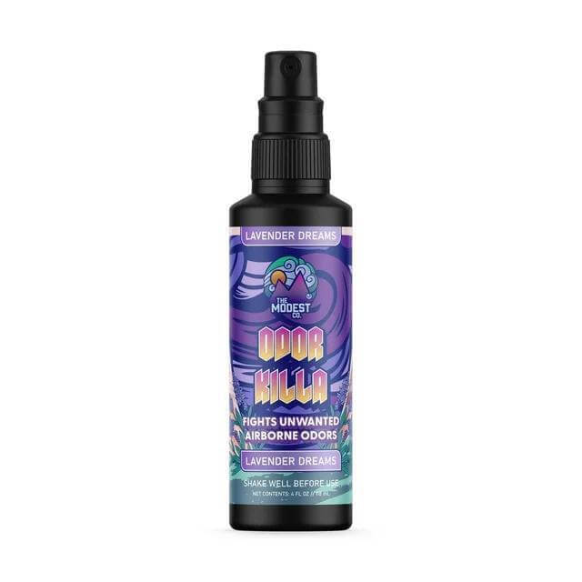 Odor Killa 4oz spray bottle in Lavender Dreams scent, fights unwanted airborne odors effectively.