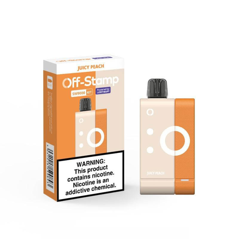 Off Stamp Juicy Peach SW9000 disposable vape with 9000 puffs, vibrant packaging, and nicotine warning.
