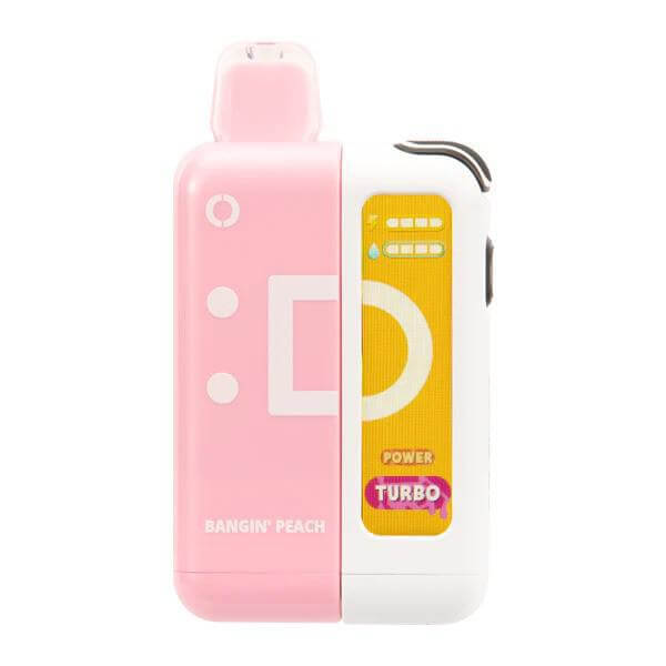 Off Stamp XCUBE Disposable Vape Pod Kit in pink and white with Bangin' Peach flavor, showcasing a sleek design.