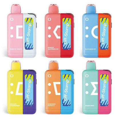 Variety of Off Stamp XCUBE disposable vape pods in flavors: Bangin' Peach, Watermelon, Blue Raz Ice, Dragon Strawberry, Hawaiian Popsicle, Miami Mint.