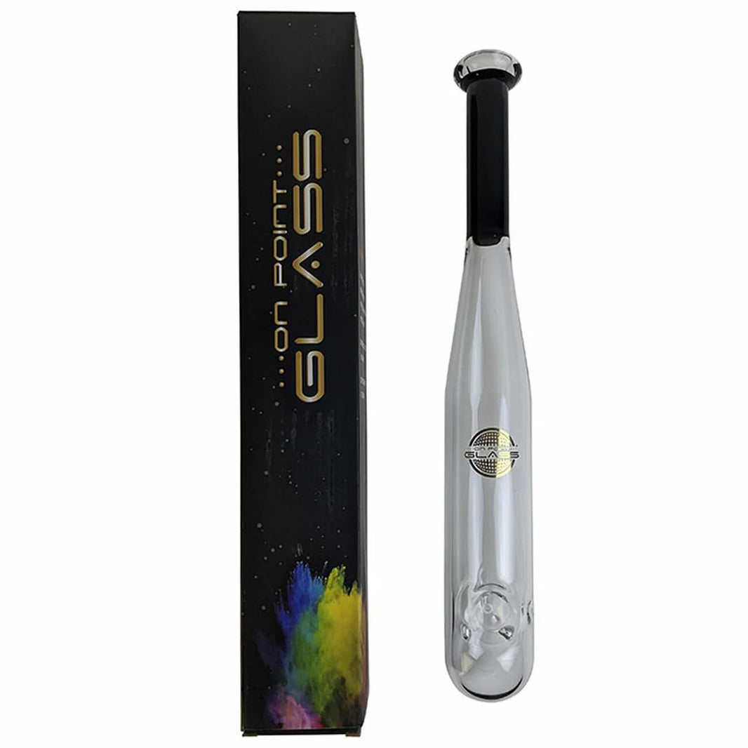 On Point Glass Baseball Bat  - Green with packaging, unique life-size spoon hand pipe for enthusiasts.