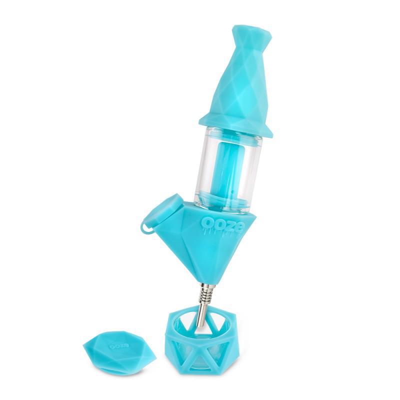 Ooze Bectar Silicone Water Pipe & Nectar Collector in blue with geometric design for smooth hits and filtration.