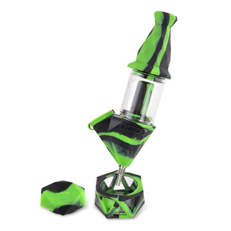 Ooze Bectar Silicone Water Pipe & Nectar Collector in vibrant green and black design with geometric shape.