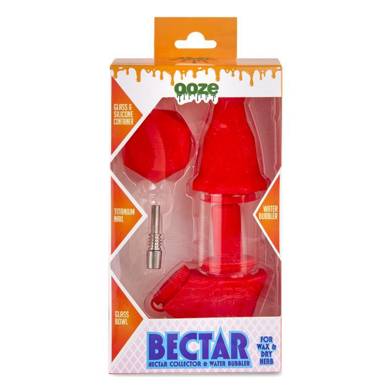 Ooze Bectar Silicone Water Pipe & Nectar Collector packaging showcasing the red device and accessories.