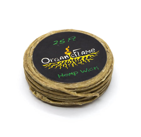 Organic Flame Hemp Wick roll packaging, 25ft length for clean burning and smoother lighting.