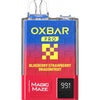 Oxbar Magic Maze vape device with blueberry, strawberry, and dragonfruit flavors, showcasing a colorful design.