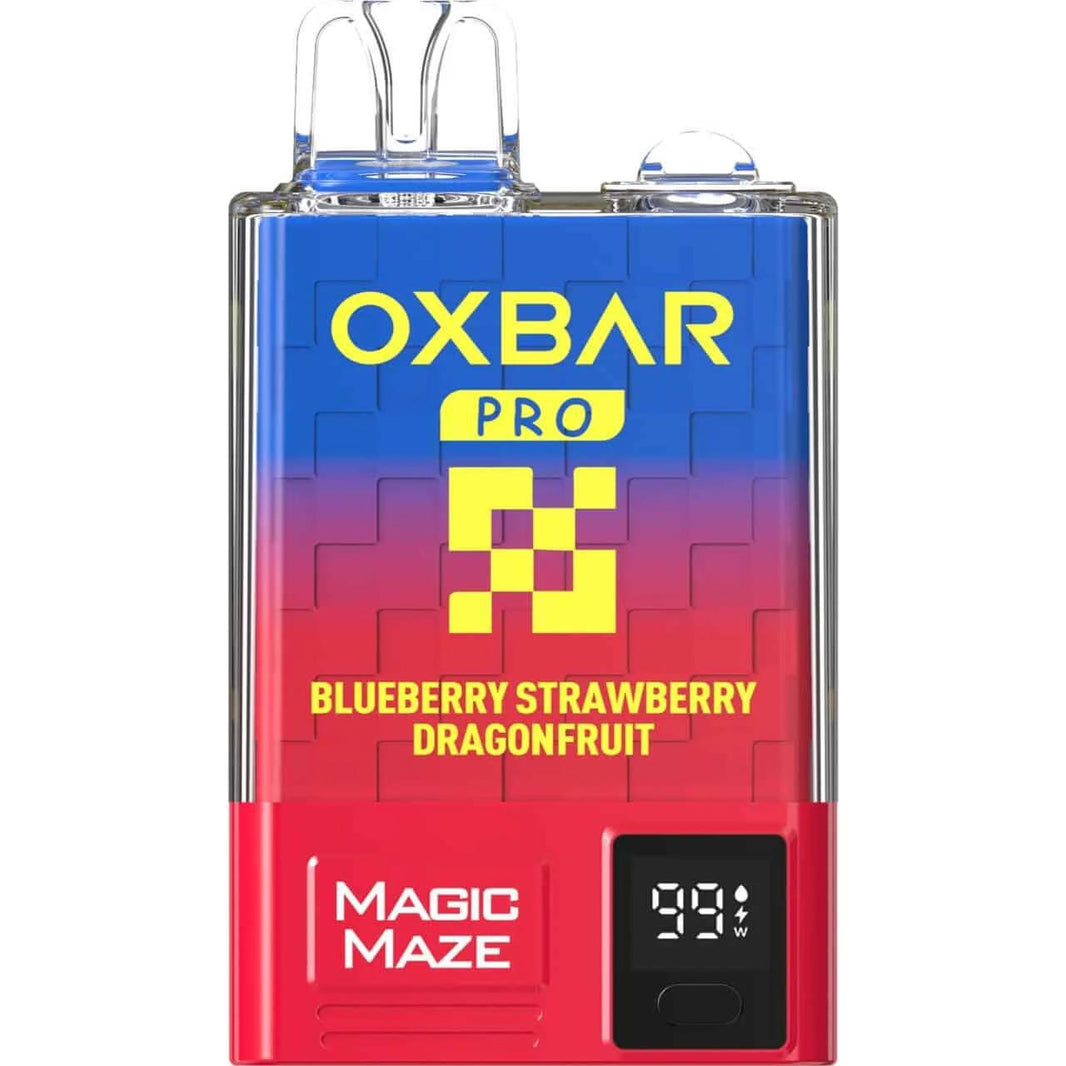 Oxbar Magic Maze vape device with blueberry, strawberry, and dragonfruit flavors, showcasing a colorful design.