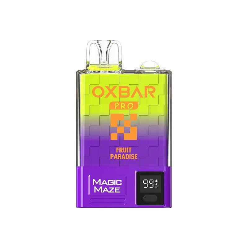 Oxbar Magic Maze vape device in vibrant yellow and purple with a digital display, featuring Fruit Paradise flavor.
