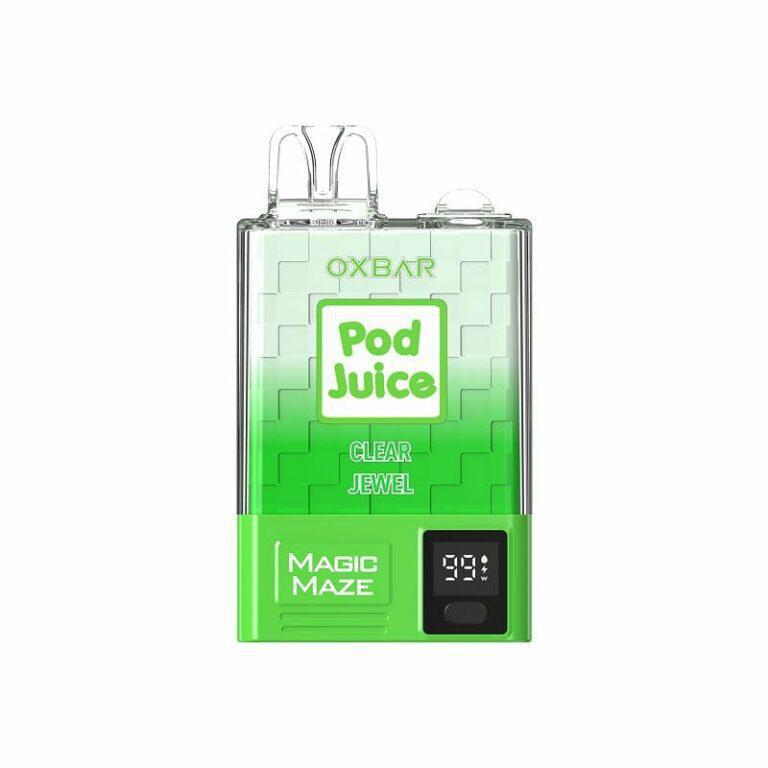 Oxbar Magic Maze vape device with 10,000 puffs and bright green Pod Juice branding.