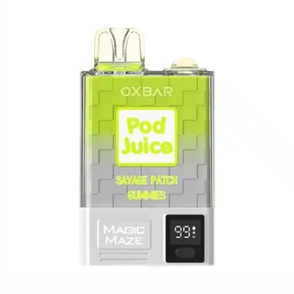 Oxbar Magic Maze vape product with Pod Juice Savage Patch Gummies flavor, featuring digital puff counter and vibrant design.