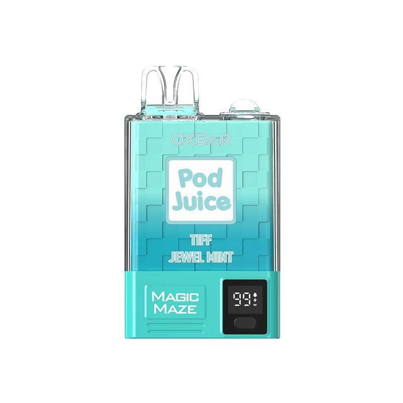 Oxbar Magic Maze vape device with Pod Juice flavor, featuring Jewel Mint and digital puff counter.