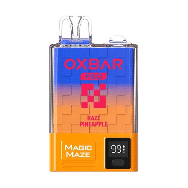 Oxbar Magic Maze vape device with Razz Pineapple flavor, 10000 puffs, colorful design and digital display.