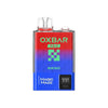 Oxbar Magic Maze Blue Razz device with 10000 puffs, featuring vibrant red and blue colors and digital display.