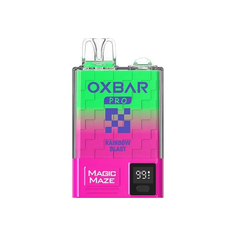 Oxbar Magic Maze vape device in vibrant pink and green with digital display, offering 10000 puffs.
