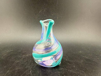 Pablos Glass Micro Jar Purple & Teal - Handblown jar with clear body and purple teal line accents.