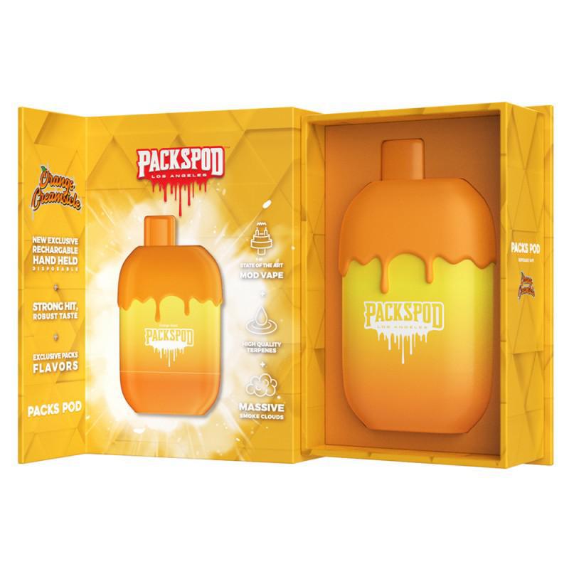 PacksPod Rechargeable Handheld Vape with Orange Design in its Box, Offering Premium Flavors and Cloud Production