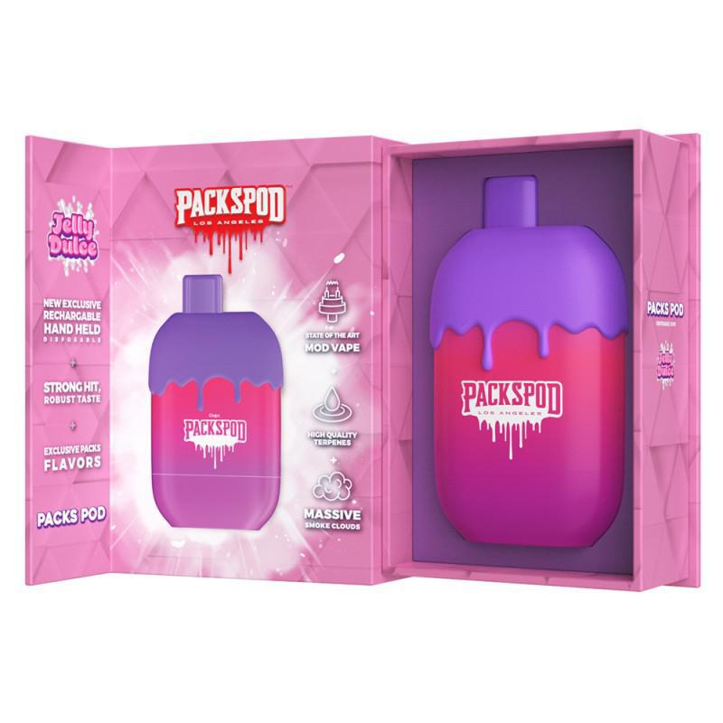 PacksPod disposable vape device in pink packaging with purple accents and text highlighting flavors and quality.