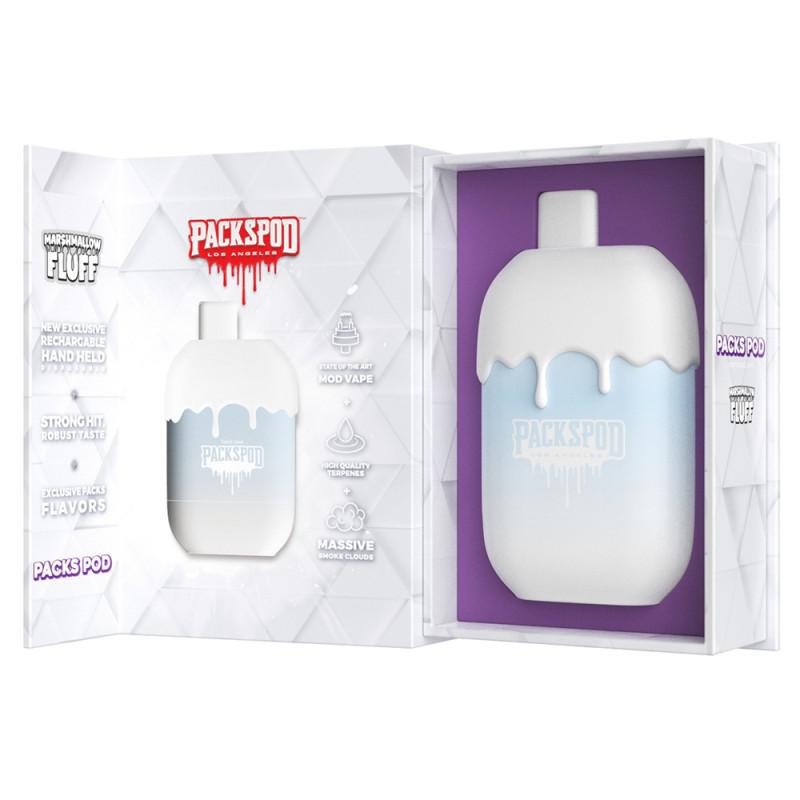 PacksPod Marshmallow Fluff vape packaging showcasing a unique design and flavors for an enhanced vaping experience.