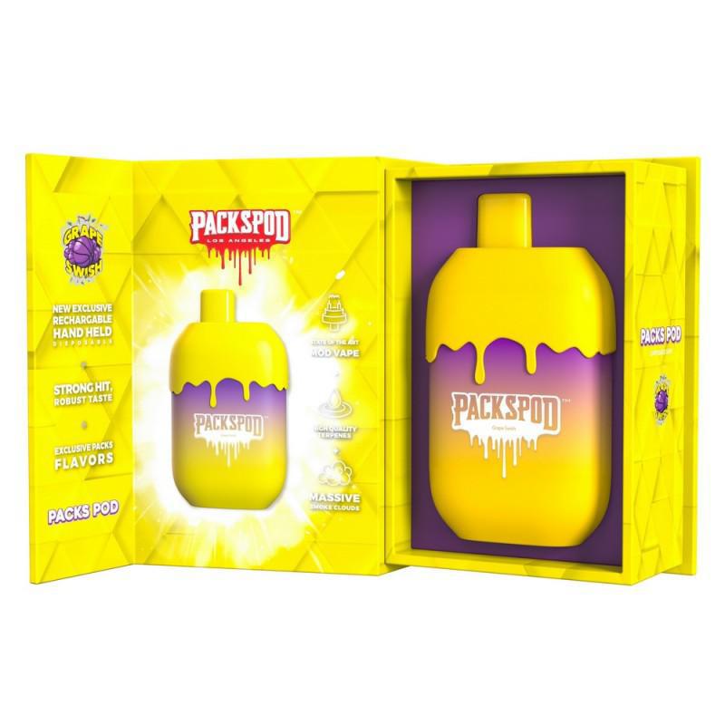 PacksPod rechargeable vape device in yellow packaging, featuring strong flavors and a vibrant design.