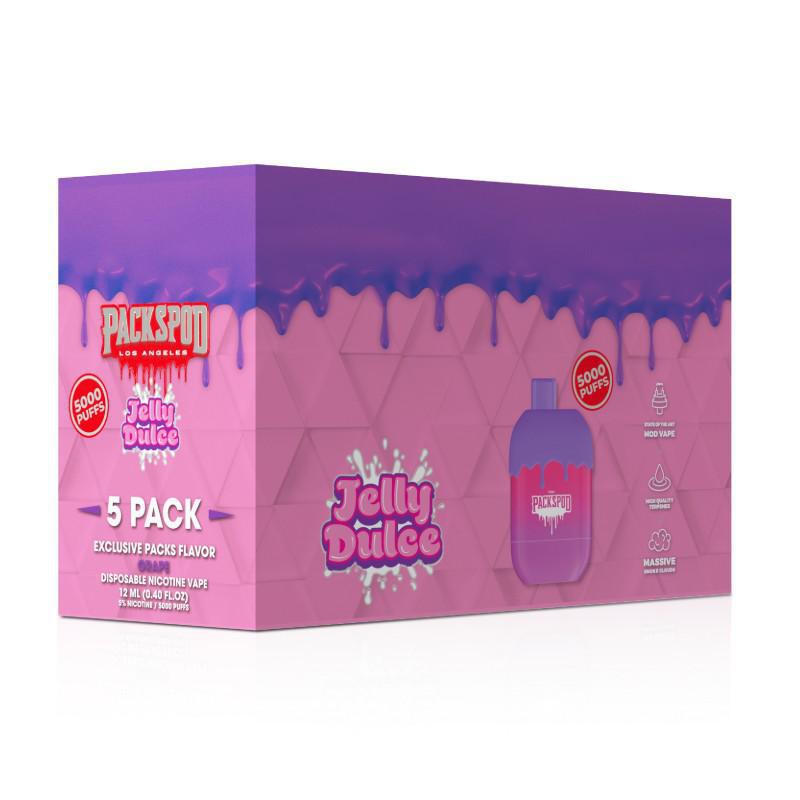 PacksPod 5000 disposable vape 5-pack, Jelly Dulce flavor, vibrant packaging, ideal for premium vaping experience.