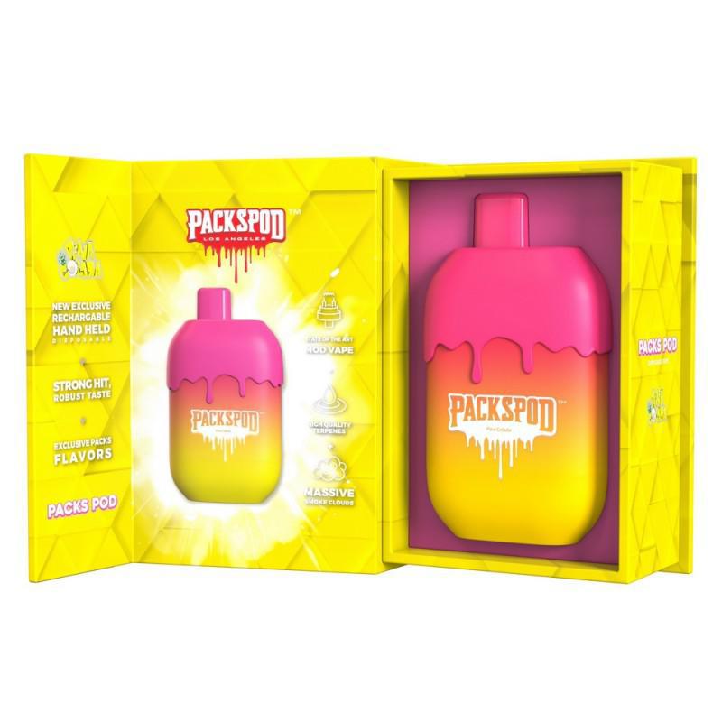 PacksPod 5000 Disposable vape device in pink and yellow packaging, showcasing premium flavors and vaping experience.