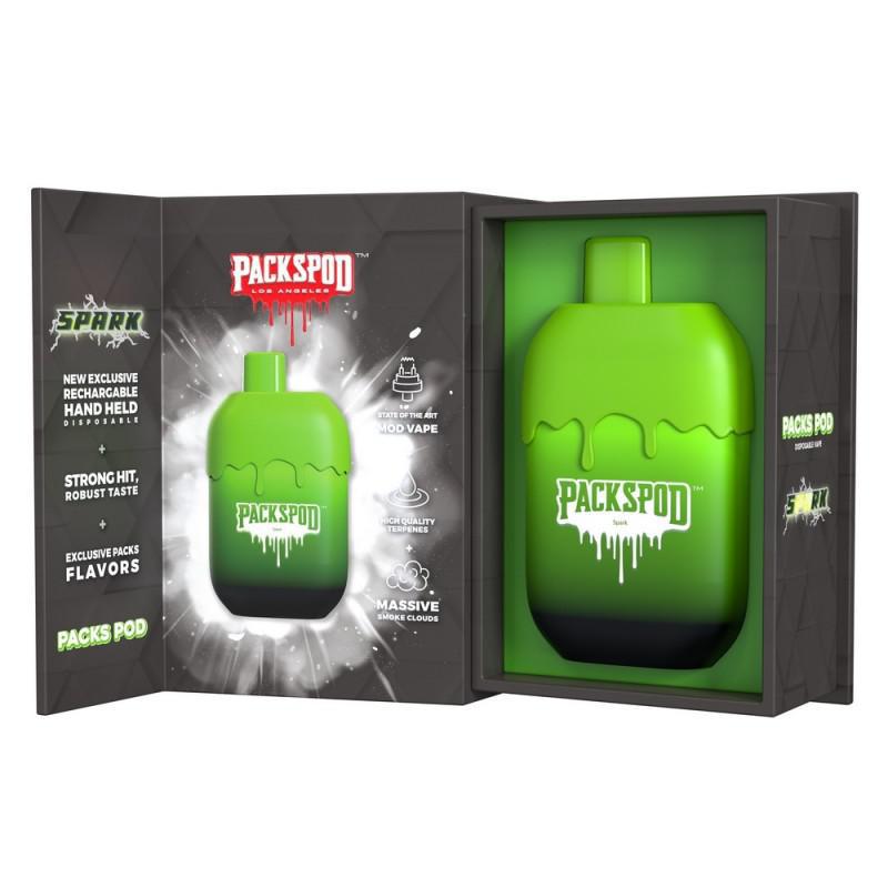 PacksPod 5000 Disposable vape in green packaging, showcasing sleek design and premium flavors for a satisfying vaping experience.