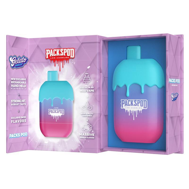 PacksPod Gelato rechargeable vape device in colorful packaging with exclusive flavors and features.