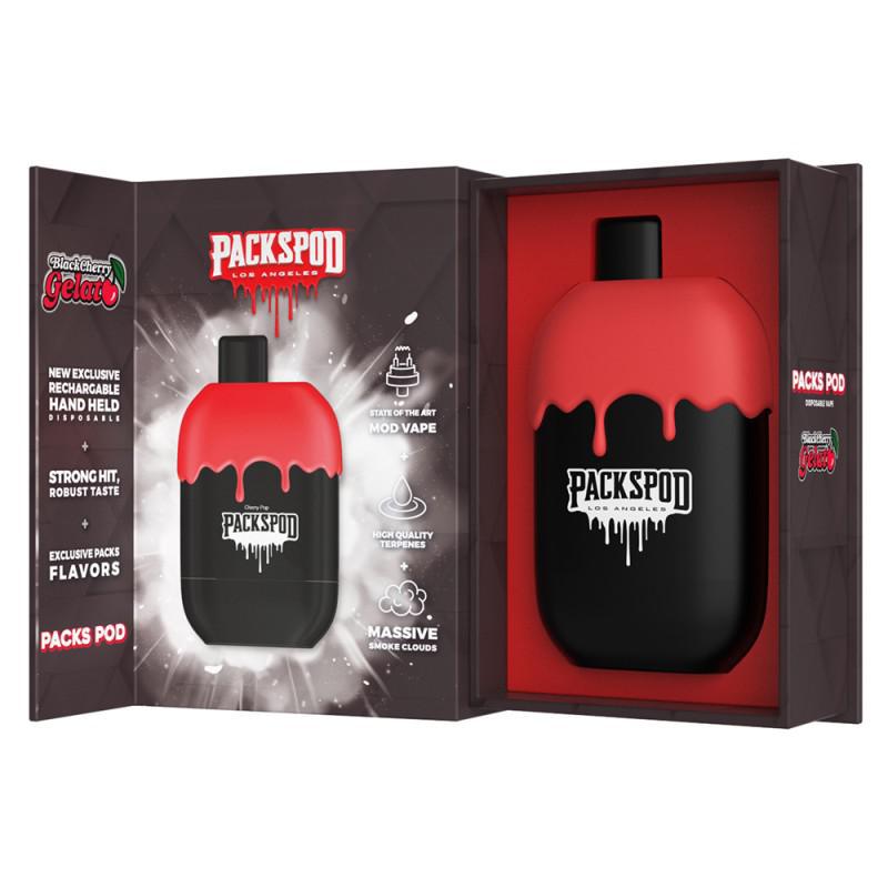 PacksPod rechargeable hand-held mod vape in red and black packaging showcasing exclusive flavors.