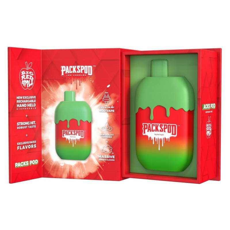 PacksPod Red Apple disposable vape showcasing vibrant design and packaging with strong flavors.