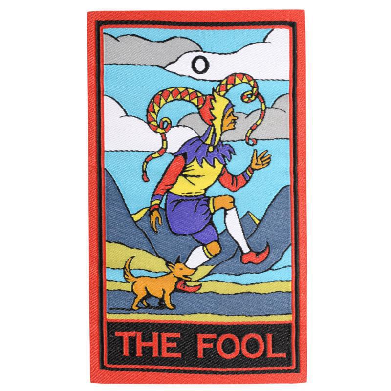 Patch Perfect Iron-On Patch - The Fool Tarot Card design featuring a jester and a dog in vibrant colors.